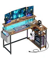 Mr Ironstone L-Shaped Desk with Power Outlets & Monitor Stand, 47 inch, Rustic Brown