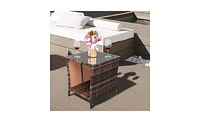 Slickblue Brown Gradient Iron Frame Rattan Side Table with Glass Surface - Elegant Design