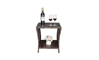 Slickblue Brown Gradient Iron Frame Rattan Side Table with Glass Surface - Elegant Design