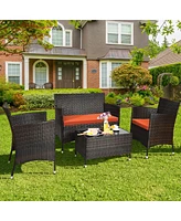 Sugift 4 Pieces Comfortable Outdoor Rattan Sofa Set with Glass Coffee Table