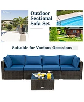 Sugift 5 Pieces Cushioned Patio Rattan Furniture Set with Glass Table