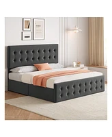 Bed Frame,With 4 Storage Drawers And Headboard, Linen Upholstered Platform Frame With Wooden Slats Support, Button Tufted Design