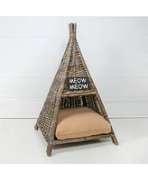 The Licker Store Tiki Coastal Handwoven Rattan Cat Bed with Machine-Washable Cushion