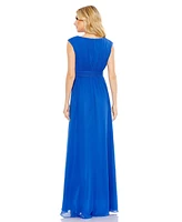 Mac Duggal Women's Pleated Bateau Cap Sleeve A Line Gown