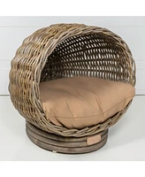 The Licker Store Socket Dome 19.5" x 17" Bohemian Handwoven Rattan Cat Bed with Machine-Washable Cushion