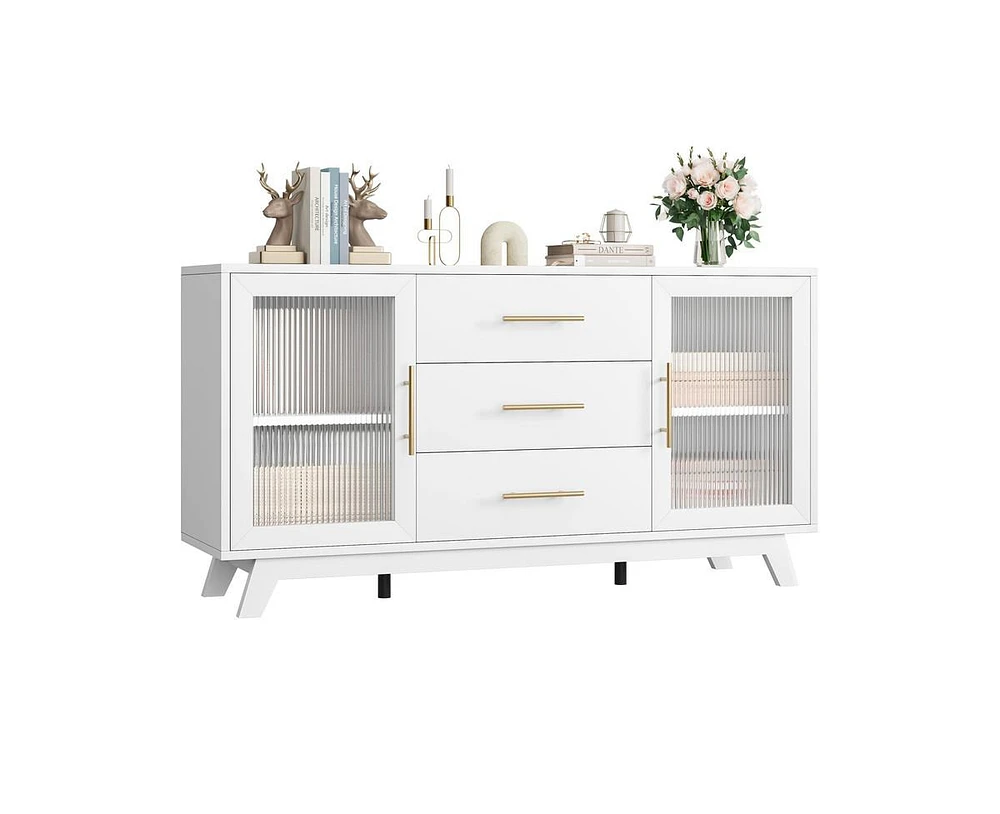 gaomon Coffer Bar Cabinet with 2 Fluted Glass Doors, 56" Modern Sideboard Buffet Cabinet with 3 Drawers