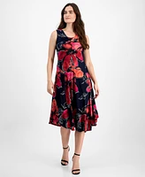 Robbie Bee Petite Floral Cowlneck Asymmetric-Hem Midi Dress