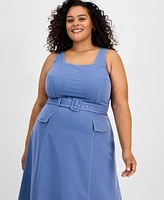 Tahari Plus Denim Belted Square-Neck Midi Dress