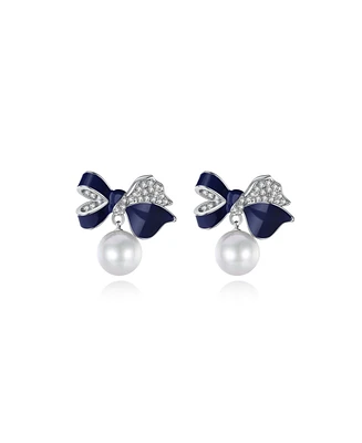 Classicharms Blue Enamel Butterfly Imitation Pearl Dangle Earrings