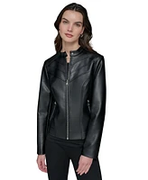 Karl Lagerfeld Paris Women's Fitted Mock-Neck Faux-Leather Jacket