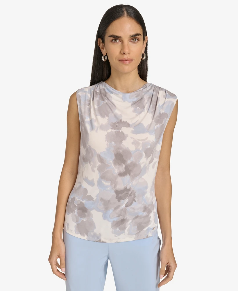 Calvin Klein Women's Printed Cowlneck Pleated-Shoulder Top