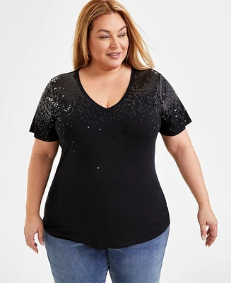 I.n.c. International Concepts Plus Raining Sequin V-Neck Top, Created for Macy's