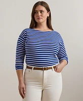 Lauren Ralph Plus Striped Cotton Jersey Boatneck Top