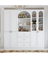 Famapy White Tall Storage Cabinet with Glass Doors & Arch Pattern, Modern Wooden Pantry with Cabinet Doors