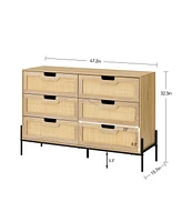 gaomon 6 Drawers Dresser for Bedroom, Natural Rattan Drawer with Spacious Storage, Wood Chest of Drawers with Metal Legs Black