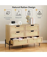 gaomon 6 Drawers Dresser for Bedroom, Natural Rattan Drawer with Spacious Storage, Wood Chest of Drawers with Metal Legs Black