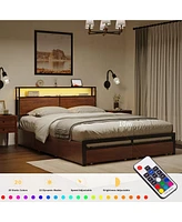 Hausource Full Size Bed Frame with Storage Headboard & Charging Station & 4 Drawers Platform Bed