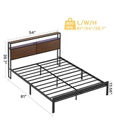 Hausource Full Size Bed Frame w/Storage Headboard Charging Station Led Light No Box Spring Needed