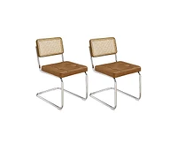 Homlux Set of 2 Rattan Dining Chairs Set Upholstered Accent Chair Armless Mesh Back Cane Chairs W/Metal Legs&Rattan Backrest for Kitchen,Brown