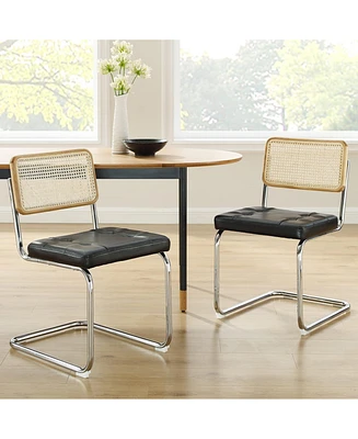 Homlux Set of 2 Rattan Dining Chairs Set Faux Leather Upholstered Mesh Back Cane Armless Chairs W/Chrome Metal Legs&Woven Backrest