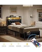 Hausource King/Twin Size Bed Frame with Storage Headboard & Charging Station Upholstered Platform Bed, Twin