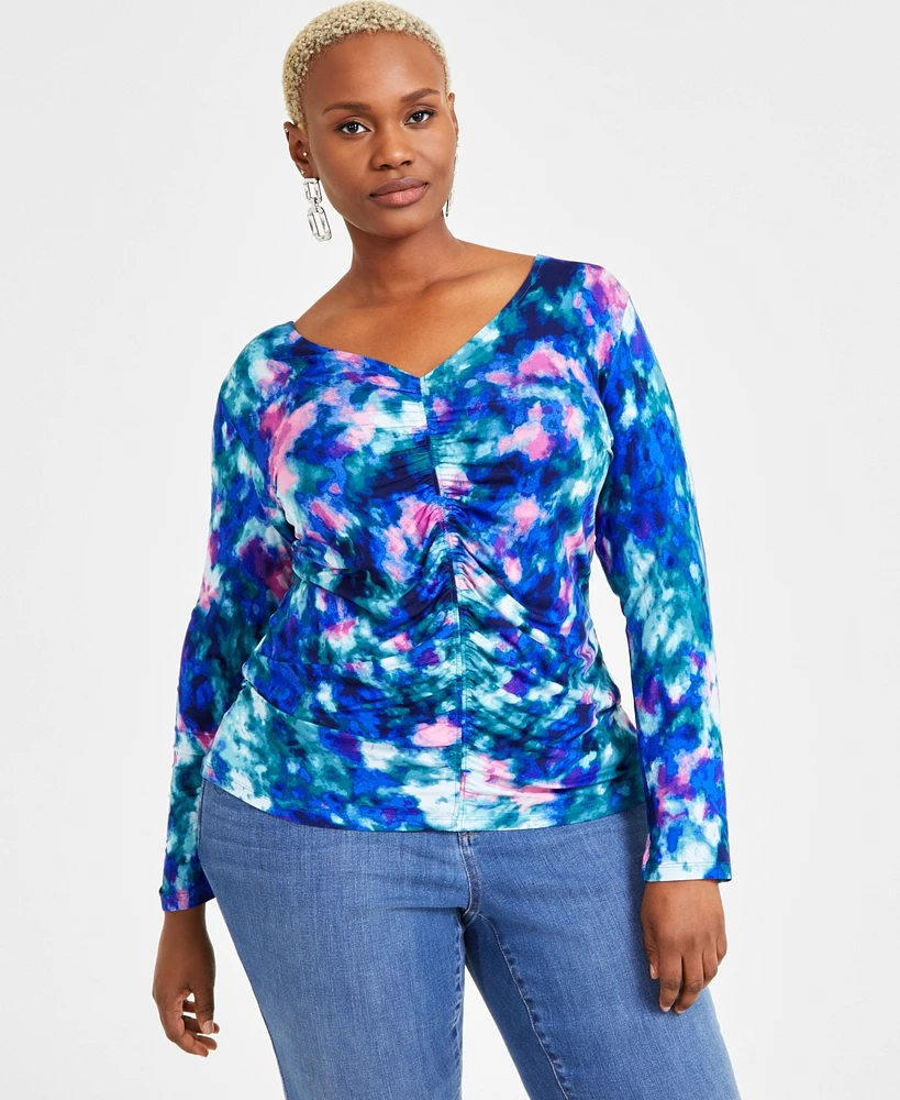 I.n.c. International Concepts Plus Ruched Tie-Dyed Top, Exclusively at Macy's