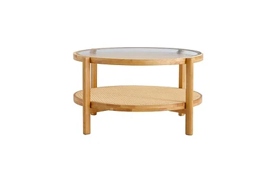 Slickblue Modern Circular Double-Layer Solid Wood Tea Table with Rattan Woven Design - Versatile Small Round Table for Living Room