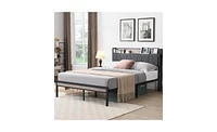 Slickblue Queen Metal Platform Bed Frame with Upholstered Storage Headboard & Usb - No Box Spring Needed