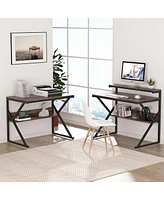 Tribesigns L Shaped Desk with Storage Shelves and Monitor Stand, Study Writing Table Workstation for Home Office