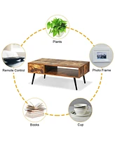 Gymax Retro Coffee Table Mid Century Modern Living Room Furniture w/Open Storage Shelf
