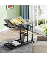 Tribesigns Height Adjustable C Table with Wheels and Tiltable Drawing Board, Sofa Bedside Laptop Stand C Shaped Tv Tray with Storage Shelves (Grey)
