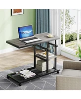 Tribesigns Height Adjustable C Table with Wheels and Tiltable Drawing Board, Sofa Bedside Laptop Stand C Shaped Tv Tray with Storage Shelves (Grey)