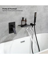 Slickblue Male Npt Tub Faucet with Hand Shower - Matte Black Waterfall Bathtub Shower System with Brass Valve