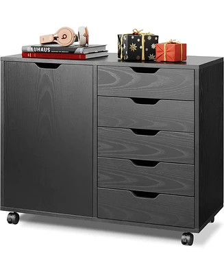 Devaise 5-Drawer Wood Dresser Chest with Door, Mobile Storage Cabinet, Printer Stand for Home Office, Black