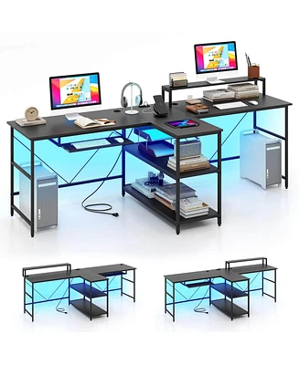 Costway 94.5" Long Office Desk 2-Person Reversible Computer with Led Lights