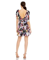 Mac Duggal Women's Floral Print Ruffled Sleeveless Soft Tie Dress