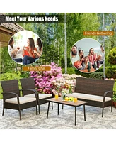 Sugift 4 Pieces Patio Cushioned Wicker Conversation Set with Acacia Wood Tabletop