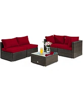 Sugift 5 Pieces Cushioned Patio Rattan Furniture Set with Glass Table-Red