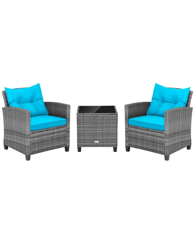 Sugift 3 Pieces Outdoor Wicker Conversation Set with Tempered Glass Tabletop-Turquoise