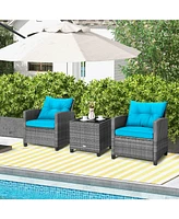 Sugift 3 Pieces Outdoor Wicker Conversation Set with Tempered Glass Tabletop-Turquoise