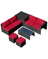 Sugift 8 Pieces Patio Rattan Storage Table Furniture Set-Red