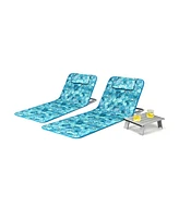 Sugift 3 Pieces Beach Lounge Chair Mat Set 2 Adjustable Lounge Chairs with Table Stripe-Green