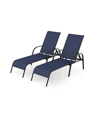 Sugift 2 Pcs Outdoor Patio Lounge Chair Chaise Fabric with Adjustable Reclining Armrest-Navy