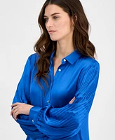 T Tahari Women's Satin Collared Balloon-Sleeve Blouse