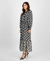 T Tahari Women's Border-Print Smocked-Waist Maxi Dress