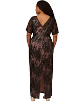 Adrianna Papell Plus Size Sequin Lace Tie-Waist Mermaid Gown