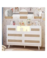 gaomon Natural Rattan Dresser For Bedroom With Led Light And Charging Station, 6 Drawer Double Dressers, Modern Wooden Dresser Chest, Beside Table For