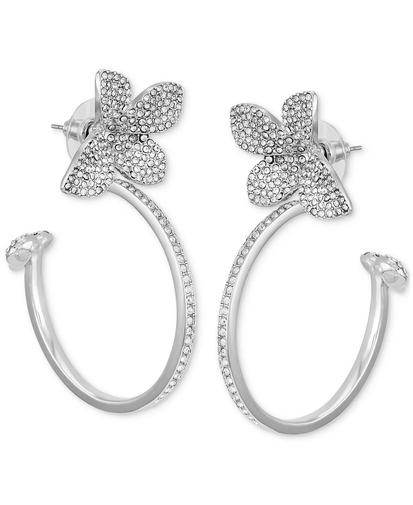 Guess Silver-Tone Pave Flower Front-to-Back Drop Hoop Earrings