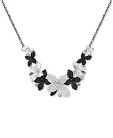 Guess Silver-Tone Black & Clear Pave & Marquise Stone Flower Statement Necklace, 18" + 2" extender