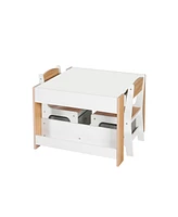 LuxenHome Kids Art Play Activity Table with Storage Shelf and Chair Set with Storage Baskets, White & Gray